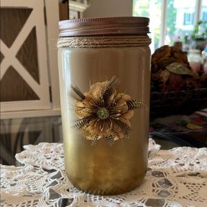Decorative Gold and Beige Mason Jar with Floral Accent